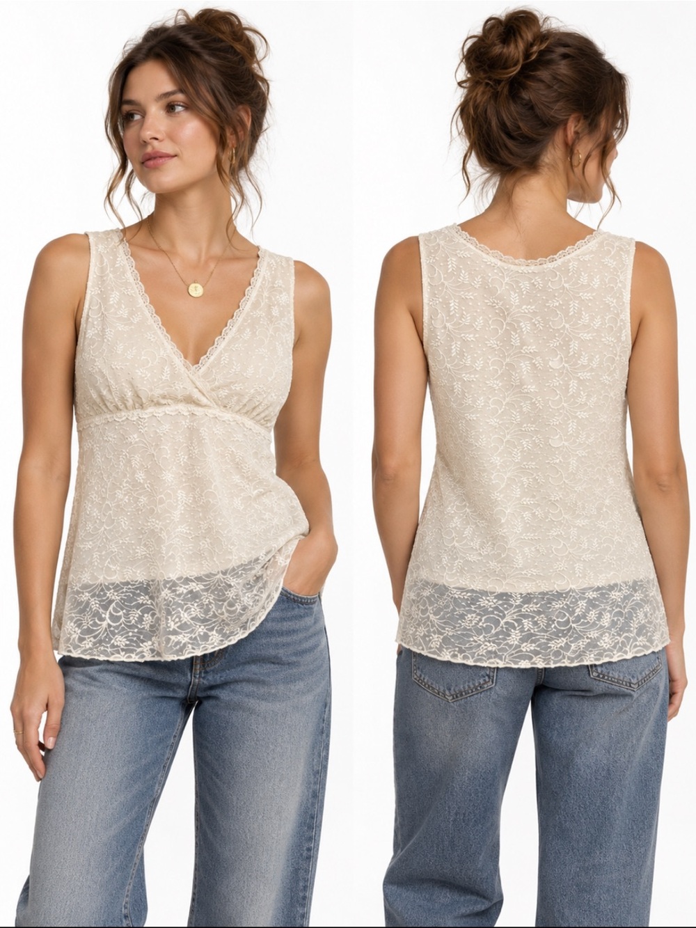 Vintage Y2K Babydoll Ivory Embroidered Mesh Overlay Lace Top Cottagecore Fairy M
